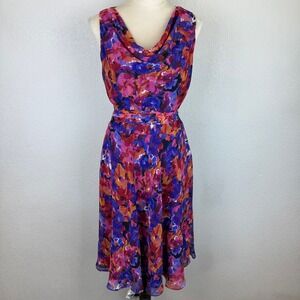 Lauren Ralph Lauren Floral Dress Cowl Neck Waist Tie Pink Purple‎ Ruffle